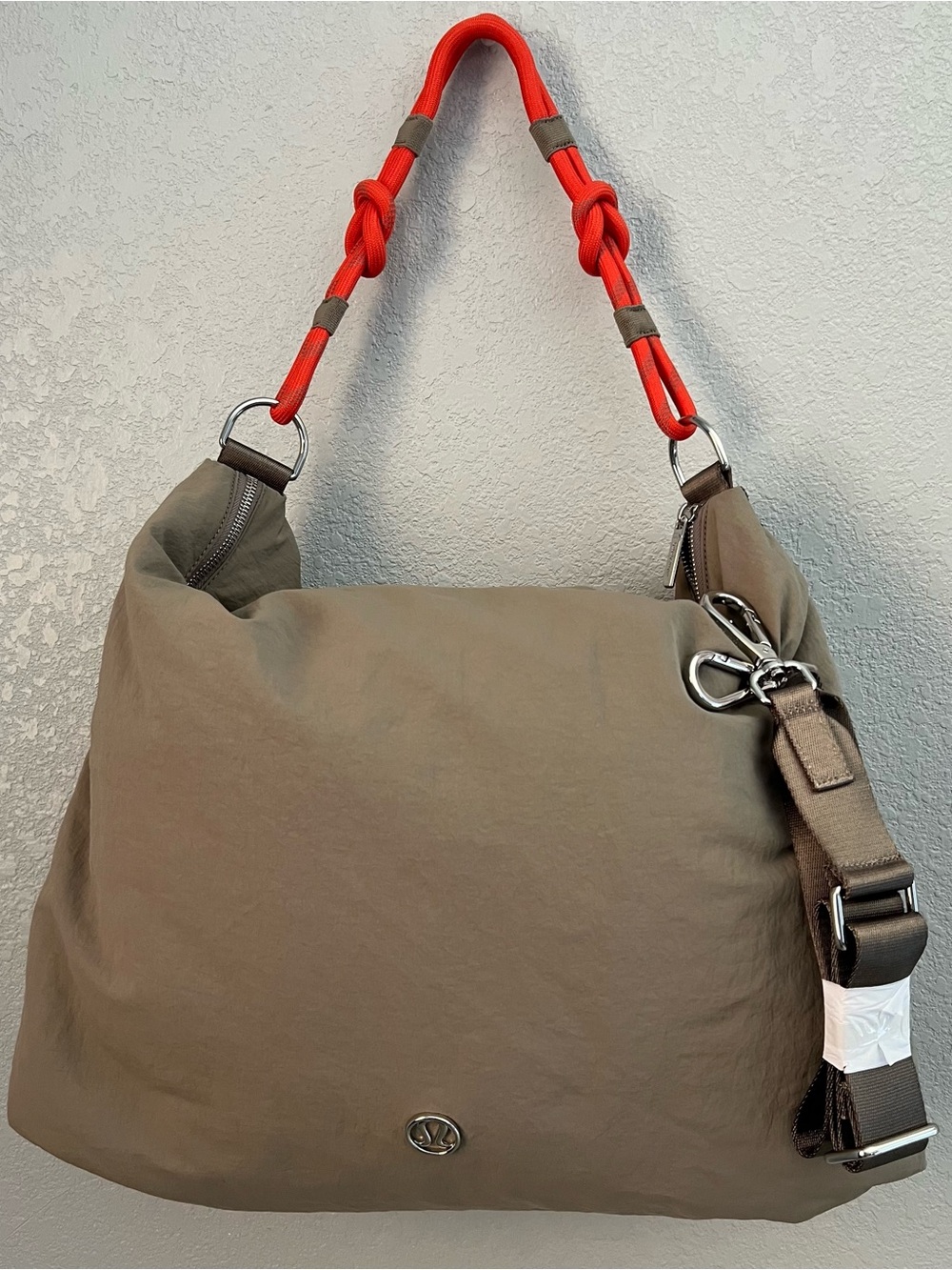 Neutral Brown Men's Shoulder Bag with Orange Accent Strap - Picture 2 of 3